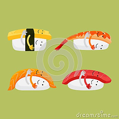 Set of Japanese Sushi Cartoon Hug Funny Vector Illustration