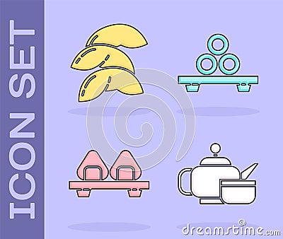 Set Japanese tea ceremony, Chinese fortune cookie, Sushi on cutting board and Sushi on cutting board icon. Vector Vector Illustration