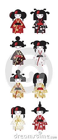 Set of japanese traditional Kokeshi dolls in national costumes kimono in cartoon style Vector Illustration