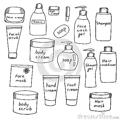 Set of jars with care cosmetics, creams and scrubs for face, body, hands and feet, shampoo and hair balm, vector illustration, Cartoon Illustration