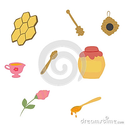 Set of jars honey hive honeycomb clover Vector Illustration