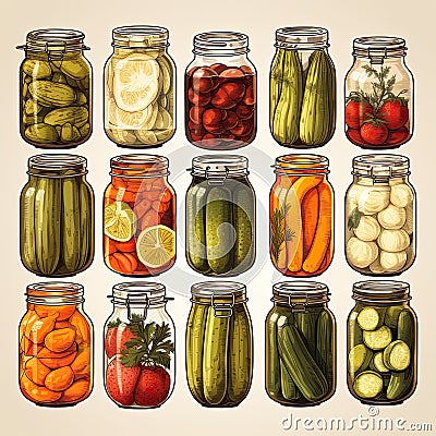 Set with jars of pickles and preserves on a white background. Generated by AI Stock Photo