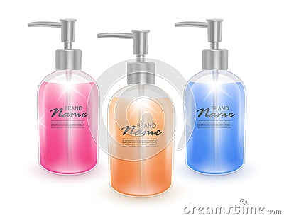 Set of jars of shampoo or liquid soaps of pink orange and blue colors, realistic shampoo bottles isolated on white background, Vector Illustration