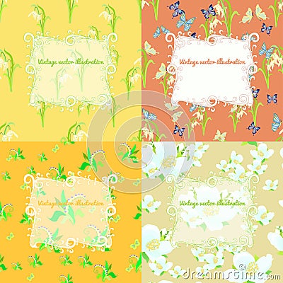Set of jasmine, butterfly, lily of the valley, Snowdrop seamless Vector Illustration