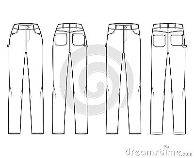 Set of Jeans carpenter Denim pants technical fashion illustration with normal low waist, high rise, 5 pockets. Flat Vector Illustration