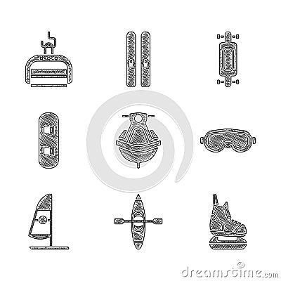 Set Jet ski, Kayak or canoe, Skates, Ski goggles, Windsurfing, Snowboard, Longboard skateboard and lift icon. Vector Stock Photo