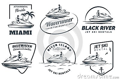 Set of Jet Ski rental logo, badges and emblems. Vector Illustration