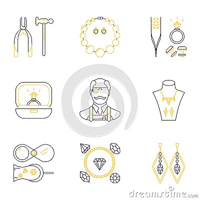 Set of jeweler profession linear icons. Vector concept of jewelry, handmade accessories, luxury items. Modern thin line style. Vector Illustration