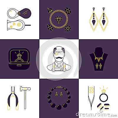Set of jeweler profession linear icons. Vector concept of jewelry, handmade accessories, luxury items. Modern thin line style. Vector Illustration
