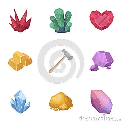 A set of jewelry, crystals, minerals and expensive metals. The jeweler inspects the ornaments.Precious minerals amd Vector Illustration