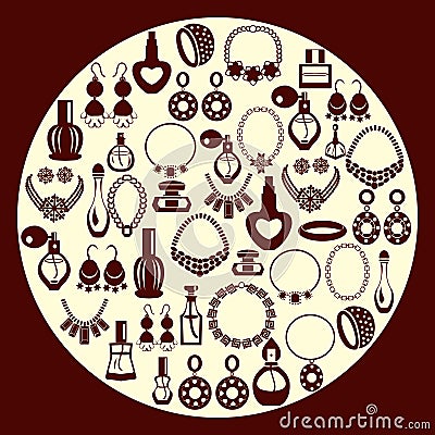 Set of Jewelry and perfume Icons silhouette Vector Illustration