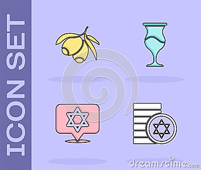 Set Jewish coin, Olives branch, Star of David and goblet icon. Vector Vector Illustration