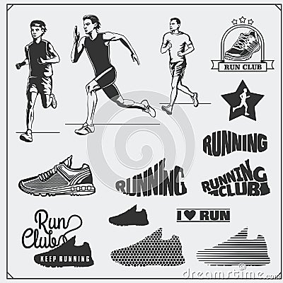 Set of jogging and running club labels, emblems, badges and design elements. Running shoes icons and silhouettes of runners. Vector Illustration