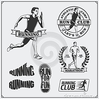 Set of jogging and running club labels, emblems, badges and design elements. Running shoes icons and silhouettes of runners. Vector Illustration