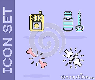 Set Joint pain, knee pain, Press the SOS button, Human broken bone and Syringe icon. Vector Vector Illustration