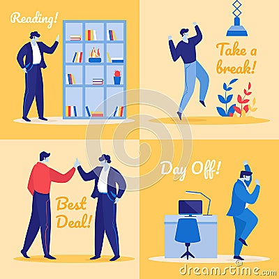 Set of Joyful Managers in Office. Happy Colleagues Vector Illustration