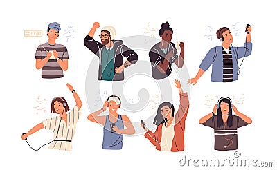 Set of joyful people wearing earphones and headphones, listening to music and dancing. Bundle of happy boys and girls Vector Illustration