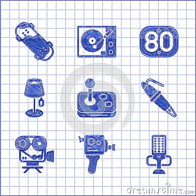 Set Joystick, Retro cinema camera, Microphone, Fountain pen nib, Floor lamp, 80s and Skateboard trick icon. Vector Stock Photo