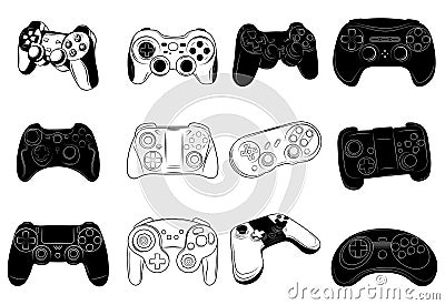 Set of joysticks for the console. Collection of joysticks for video games. Black and white illustration of game consoles Vector Illustration