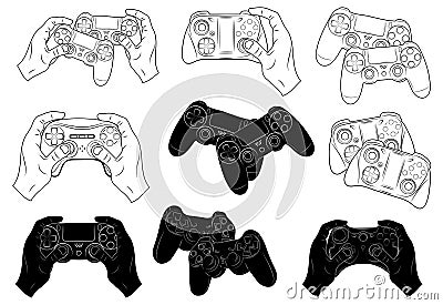 Set of joysticks for the console. Collection of joysticks for video games. Black and white illustration of game consoles Vector Illustration