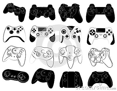 Set of joysticks for the console. Collection of joysticks for video games. Black and white illustration of game consoles Vector Illustration