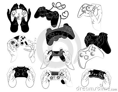 Set of joysticks for the console. Collection of joysticks for video games. Black and white illustration of game consoles Vector Illustration