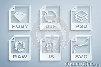 Set JS file document, PSD, RAW, SVG, GIF and RUBY icon. Vector Vector Illustration