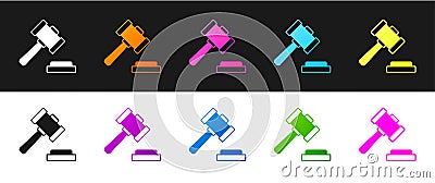 Set Judge gavel icon isolated on black and white background. Gavel for adjudication of sentences and bills, court Vector Illustration