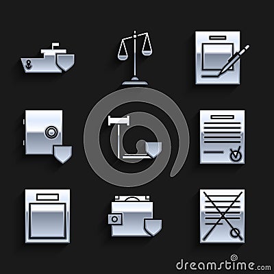 Set Judge gavel with shield, Wallet and money, Delete file document, Confirmed check mark, Empty form, Safe, Blank Vector Illustration