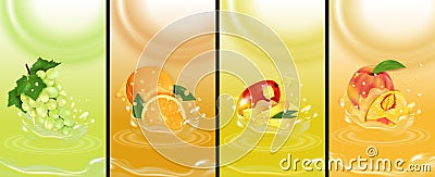 Set juice splash fresh fruits. Grape, Orange, Peach and Mango 3d realistic vector. Package design or poster, advertising Vector Illustration