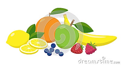 Set of juicy fruits and berries grouped in flat design. Vitamins food vector concept illustration isolated on white. Vector Illustration