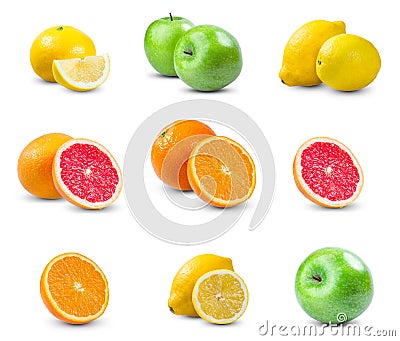 Set of juicy fruits - orange, lemon, grapefruit, green apple. rich with vitamins. isolated on white background. Stock Photo