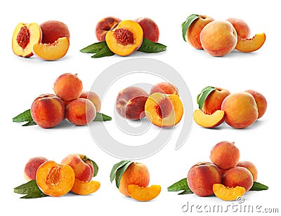Set with juicy ripe peaches and green leaves Stock Photo
