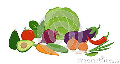 Set of juicy vegetables grouped together in flat design. Vitamins food vector concept illustration isolated on white. Vector Illustration