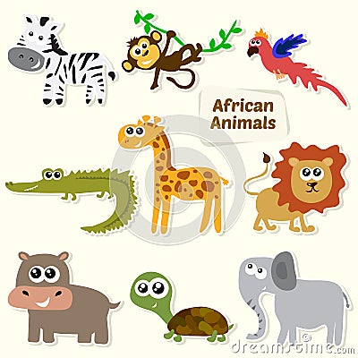 Set of jungle animals. Cute cartoon African animals Vector Illustration