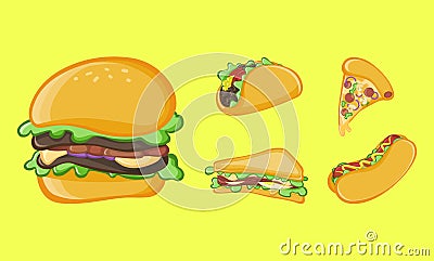 Set of Junk Foods: Burger, Taco, Sandwich, Pizza, and Hot Dog Vector Illustration