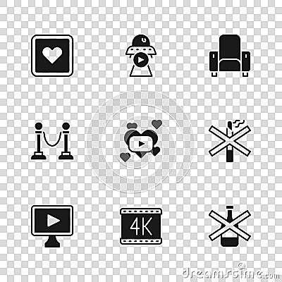 Set 4k movie, No smoking, alcohol, Romantic, Cinema chair, Like heart, Science fiction and Rope barrier icon. Vector Vector Illustration