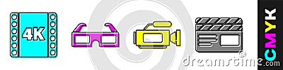 Set 4k movie, tape, frame, 3D cinema glasses, Cinema camera and Movie clapper icon. Vector Vector Illustration