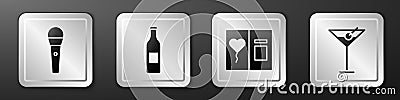 Set Karaoke microphone, Beer bottle, Greeting card and Martini glass icon. Silver square button. Vector Vector Illustration