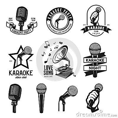 Set of karaoke related vintage labels, badges and design elements. Vector illustration. Vector Illustration