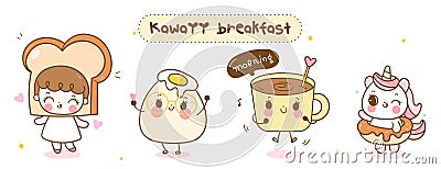 Set kawaii breakfast cartoon Bread girl egg coffee unicorn donut vector Vector Illustration