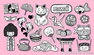 Set of kawaii cartoon japanese stickers. Kokeshi doll, maneki-neko, carps, origami, fuji, temple, sushi, manga, ginko Vector Illustration