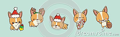Set of Kawaii Christmas Corgi Dog Vector. Collection of Vector Xmas Puppy Illustrations for Stickers Vector Illustration