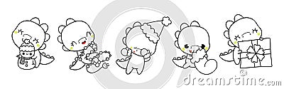 Set of Kawaii Christmas Dino Coloring Page. Collection of Cute Vector Christmas Dinosaur Outline Vector Illustration