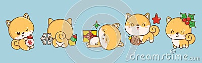 Set of Kawaii Christmas Shiba Inu Dog. Collection of Vector Xmas Puppy Illustrations for Stickers. Vector Illustration