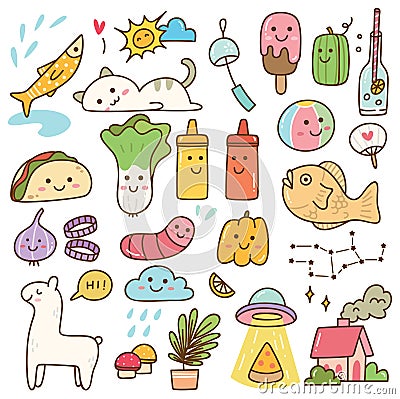 Set of kawaii doodle, food, animal, and other objects Stock Photo