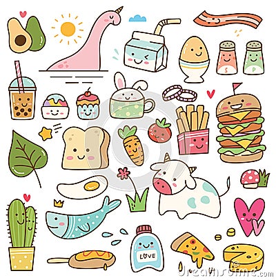 Set of kawaii doodle, food, animal, and other objects Stock Photo