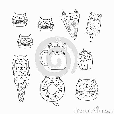 Kawaii cats food coloring pages Vector Illustration