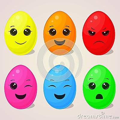 Set of kawaii Easter eggs with different emotions for your design in cartoon style. Vector illustration. Holiday Vector Illustration