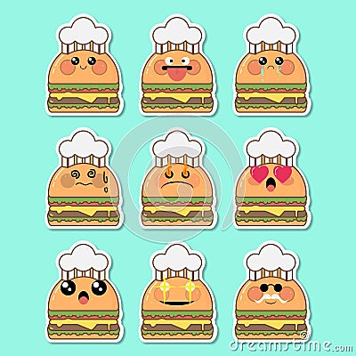 Set of kawaii hamburger sticker Vector Illustration